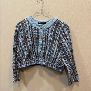 Zara Blue Tweed Denim Collar Long Sleeve Top